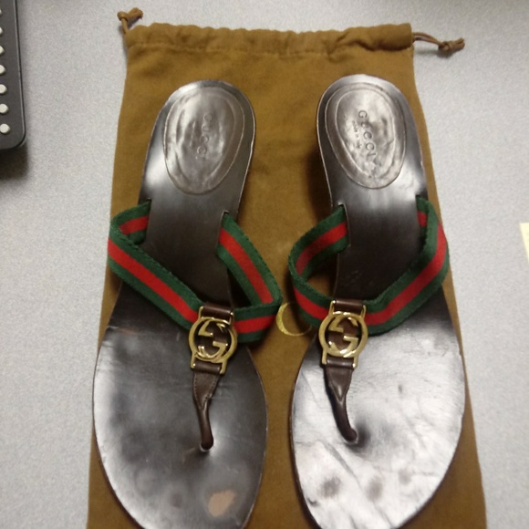 GUCCI BROWN Red/ Green Logo Sandals US 9.5 - Picture 1 of 7
